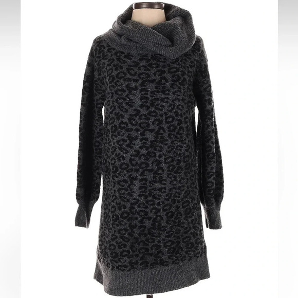 Anthropologie Emmy Cowl Neck Tunic Sweater Leopard Print Gray Black Wool Size XS - Picture 5 of 9
